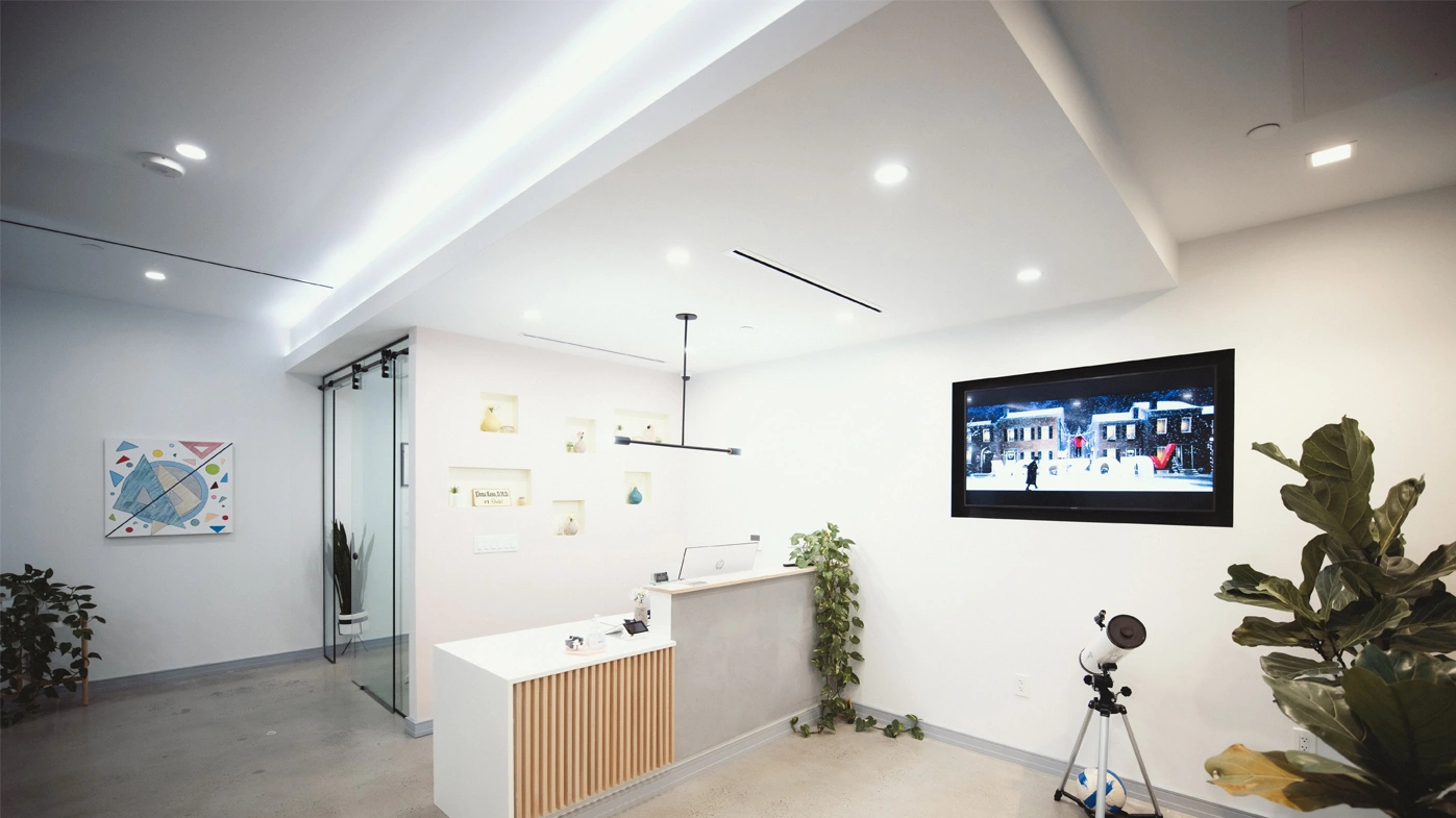 Reception area of Dimension Dental office in Holmdel, featuring a welcoming and modern design